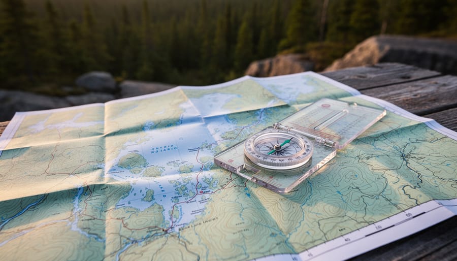 Topographic map and baseplate compass on rock with forest background