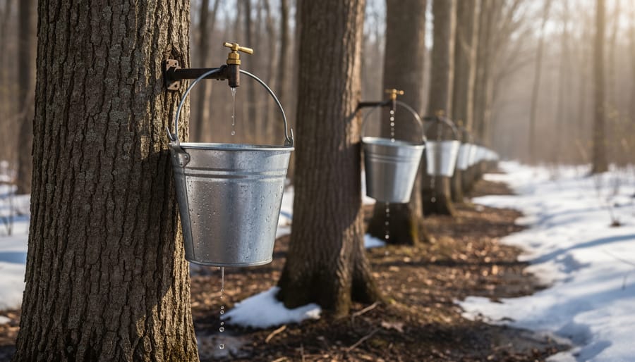 Metal sap collection buckets attached to maple tree trunks in sugar bush forest