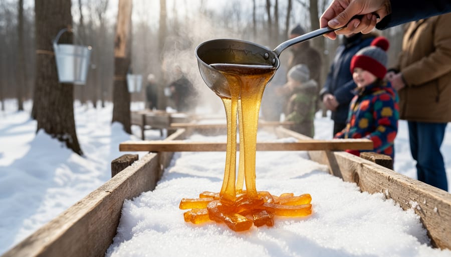 Golden maple syrup being poured onto snow to make traditional maple taffy