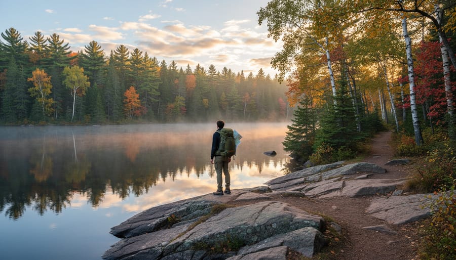 Sunrise over pristine Ontario backcountry lake with canoe on rocky shore and pine forest