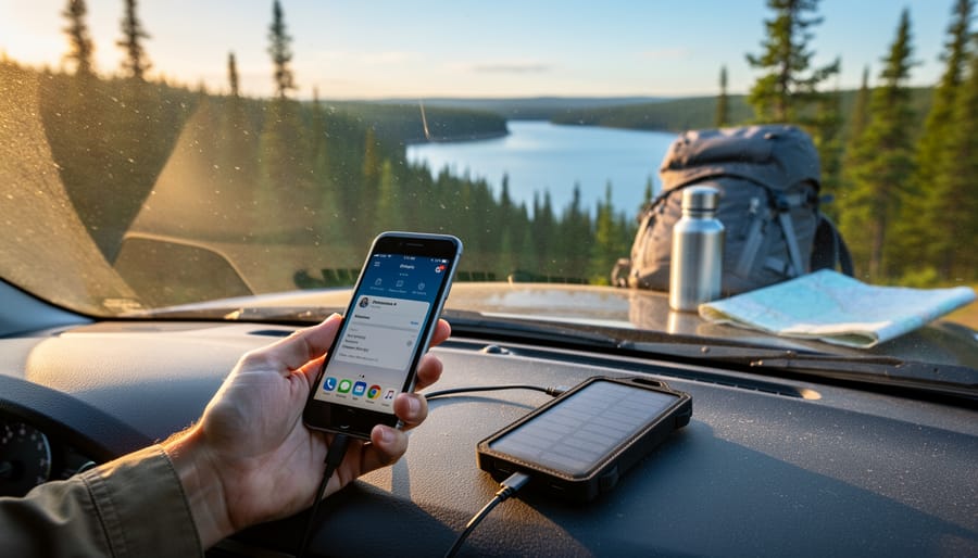 Hand holding a smartphone attached to a compact solar charger on a car dashboard, with Ontario pine trees and a shimmering lake beyond the windshield at golden hour; a backpack, reusable bottle, and folded paper map softly blurred in the background.