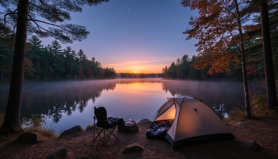 Sunrise over misty lake in Ontario wilderness with pink and orange sky