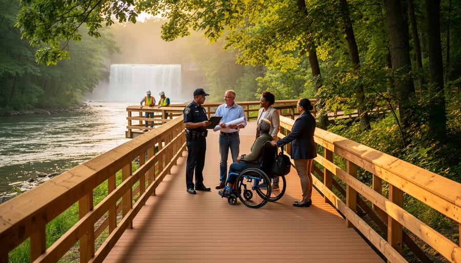 Diverse group of community leaders, including a wheelchair user and a parent with a stroller, inspecting a smoothed wooden boardwalk with new handrails beside a river at golden hour, with volunteers tightening a railing in the background and a waterfall overlook in the distance.