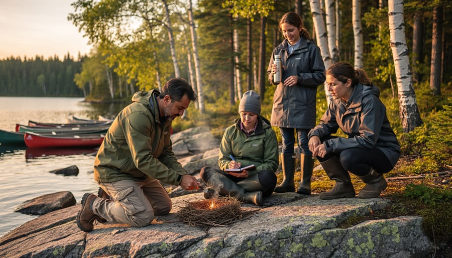 Instructor teaching fire-starting to adults on a rocky lakeshore in an Ontario park, with layered rain jackets, notebook, water bottle, canoes, pine trees, and a calm lake at golden hour.