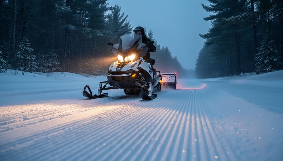 Trail-grooming snowmobile towing a drag lays fresh corduroy on a snowy Ontario forest trail at blue hour, headlights glowing, with snow-dusted pines lining the route.