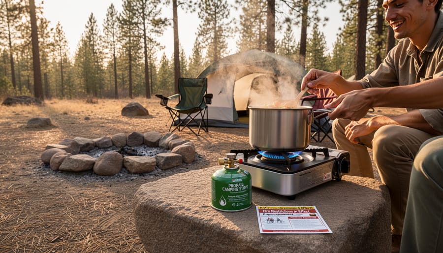 Portable propane camping stove with blue flames at Arizona campsite