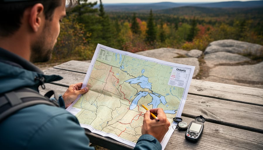 Hiker's hands reading contour lines on topographic map in outdoor setting