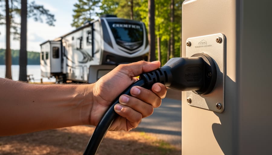 Close-up of a hand plugging a thick 50-amp RV power cord into an unbranded campsite pedestal, with a modern fifth-wheel trailer, pine trees, and a lake softly blurred at sunset.
