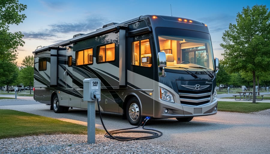 Large motorhome connected to 50 amp electrical service at campground site
