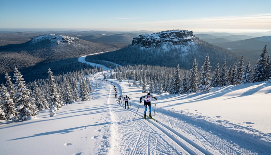Snow-covered uphill cross-country ski trail through winter forest at Sleeping Giant Provincial Park