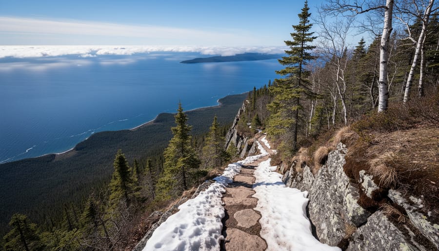 Panoramic winter view of frozen Lake Superior from elevated viewpoint at Sleeping Giant Provincial Park