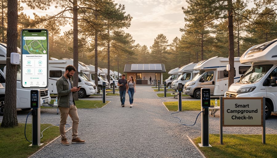 Person using smartphone app to manage campground reservation and electrical hookup