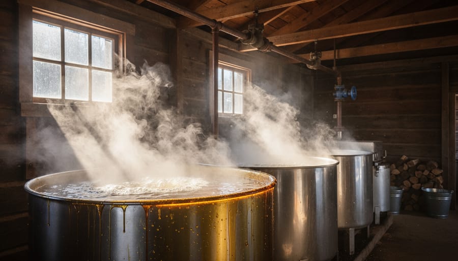 Steaming evaporator pan boiling maple sap inside traditional sugar shack