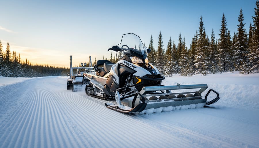 Trail grooming snowmobile with drag attachment creating corduroy pattern in snow