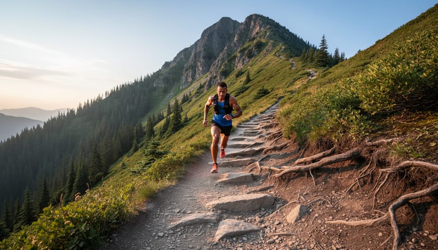 Cross-country skier climbing uphill through snowy forest demonstrating proper technique
