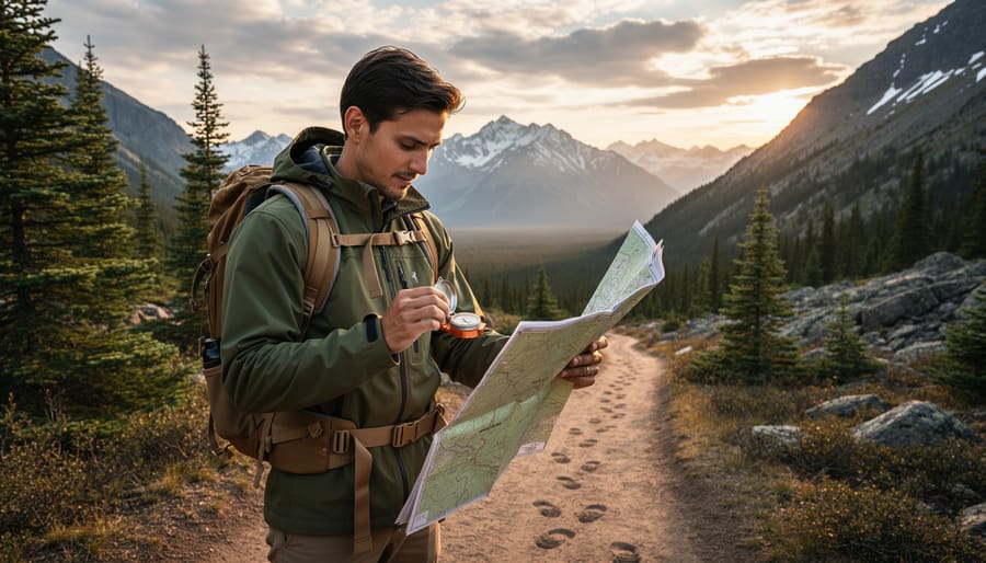 Traveler's hands with compass and map surrounded by camping gear during trip preparation