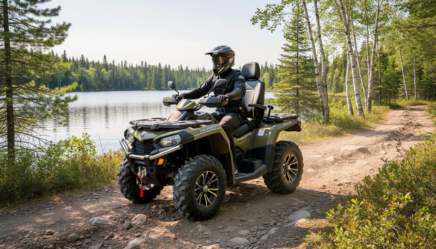 Adaptive ATV with hand controls and custom seating on forest trail in Ontario
