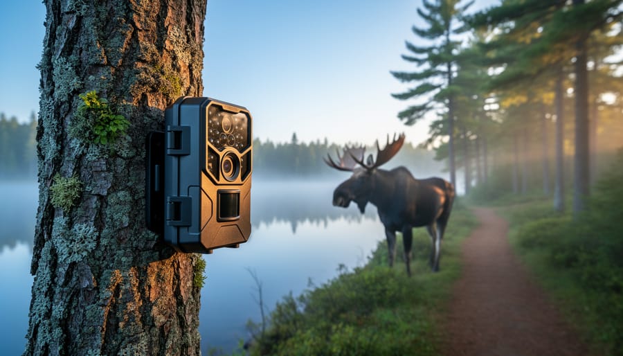 AI trail camera on a mossy pine tree at dawn in an Ontario forest, golden light and mist, with a softly blurred moose near a lakeshore in the background.
