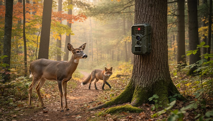 Trail camera mounted on tree trunk in Ontario forest