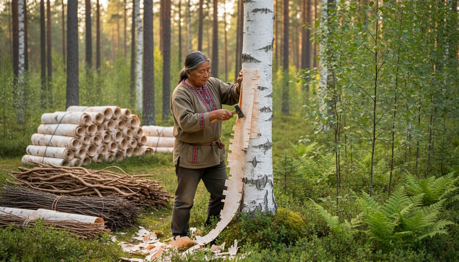 Close-up of hands carefully harvesting birch bark using traditional sustainable methods