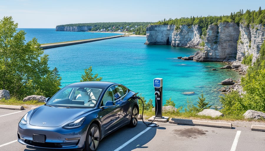 Bruce Peninsula's turquoise waters and limestone cliffs with electric vehicle in parking area