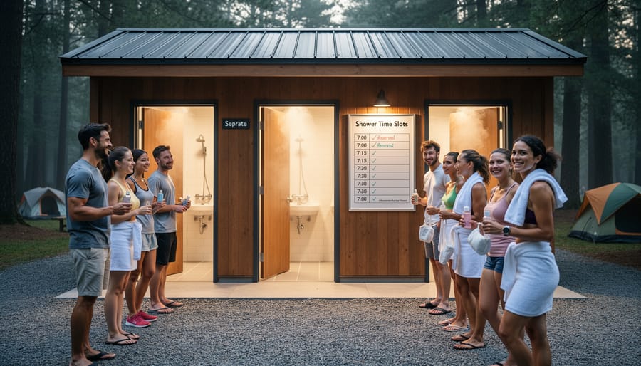 Woman leaving campground shower facility at Ontario park