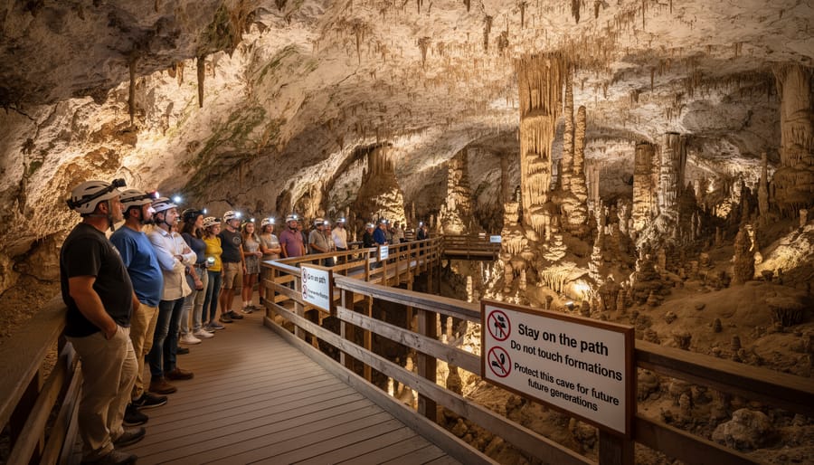 Pristine cave formations including stalactites and stalagmites in protected conservation area
