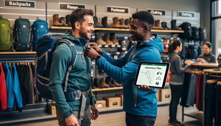 Outfitter specialist adjusting backpack straps on customer during personalized fitting session