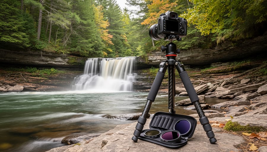 Professional camera mounted on tripod with ND filter at lakeside location