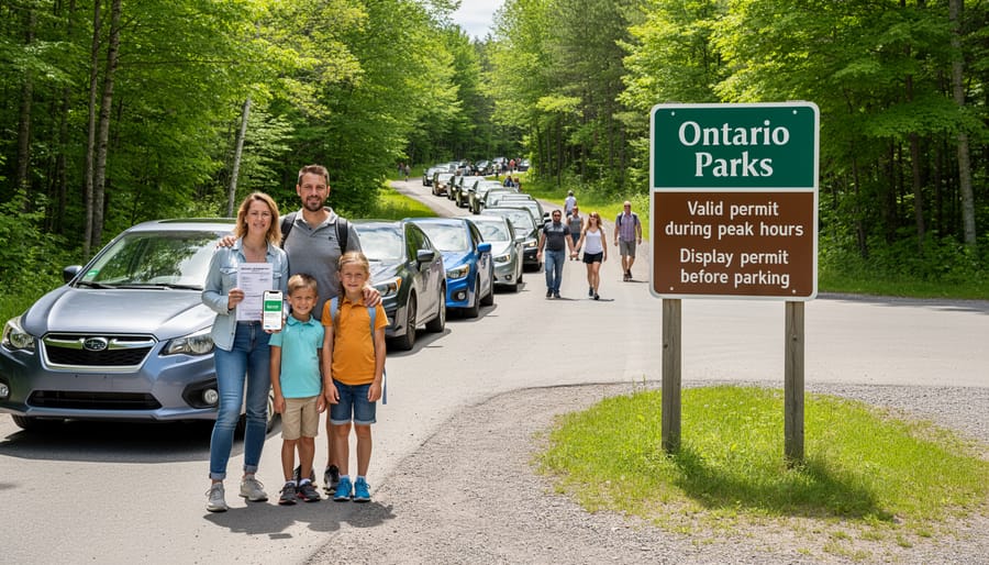 Family unloading beach equipment from car trunk at Ontario Parks parking lot