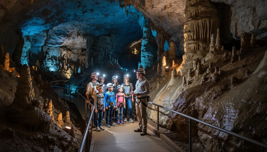 Family with children wearing safety helmets exploring cave entrance on guided tour
