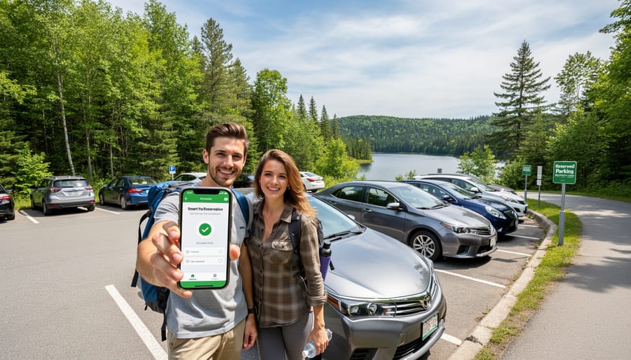 Family with hiking gear entering park trail with ease after using reservation system