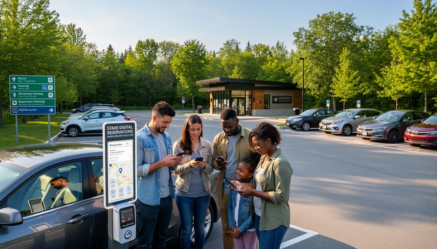 Family arriving at Ontario park entrance with smartphone showing reservation confirmation