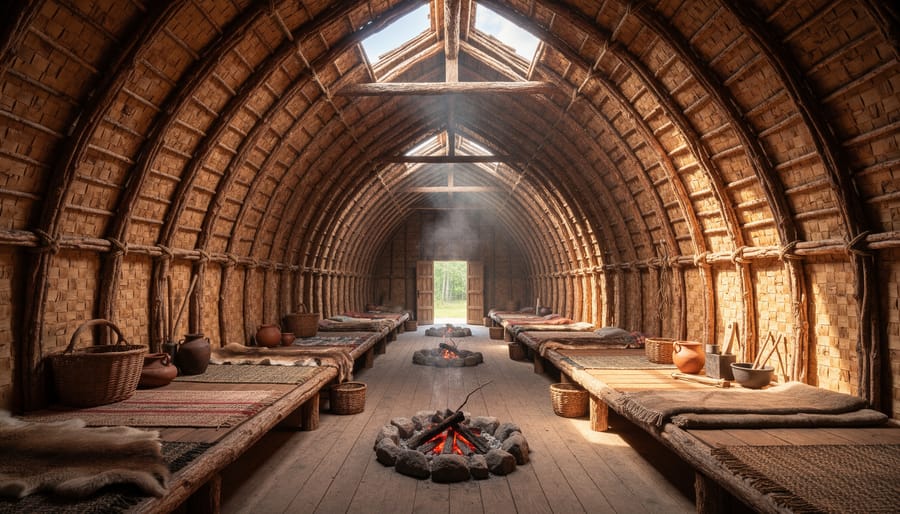 Interior view of traditional Haudenosaunee longhouse showing wooden frame and bark walls
