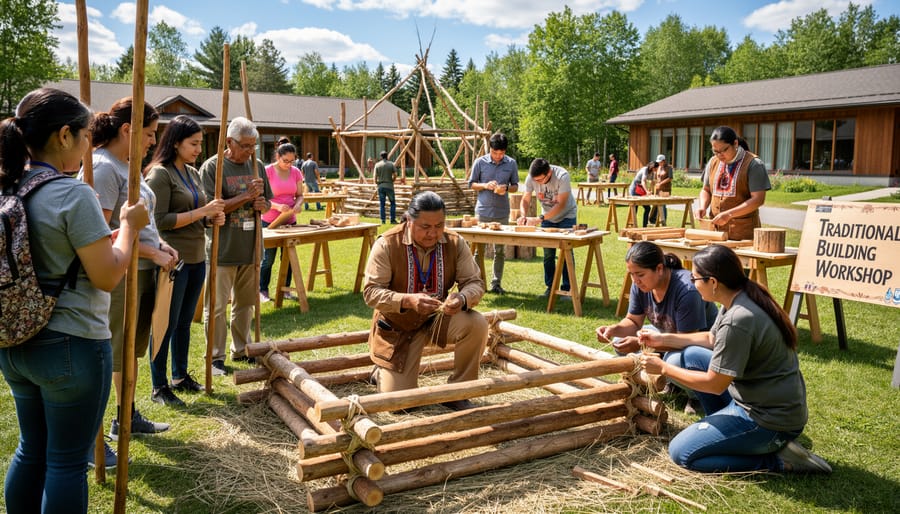 Indigenous guide teaching visitors about traditional shelter construction techniques at cultural center