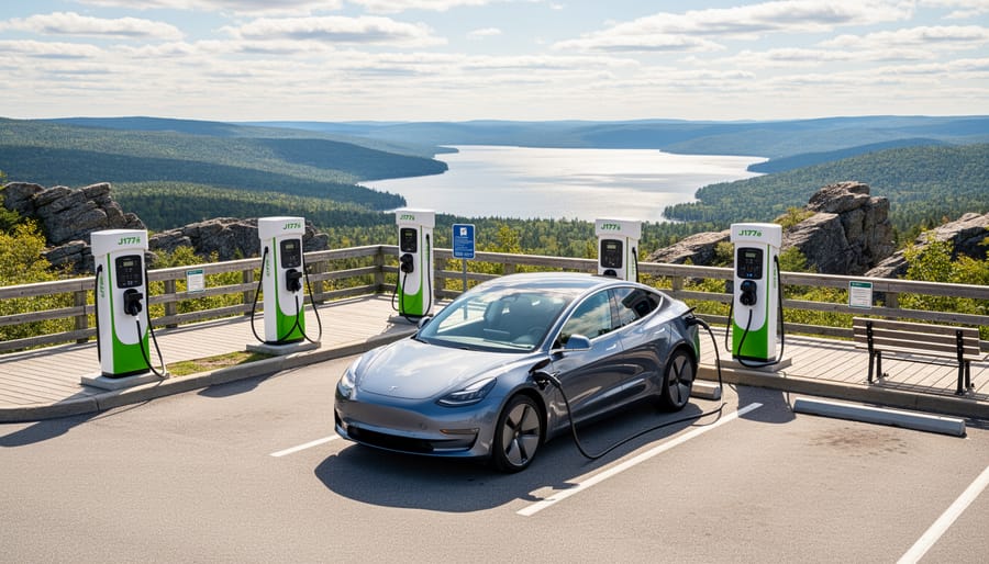 Electric vehicle connected to J1772 charging station with scenic Ontario landscape in background