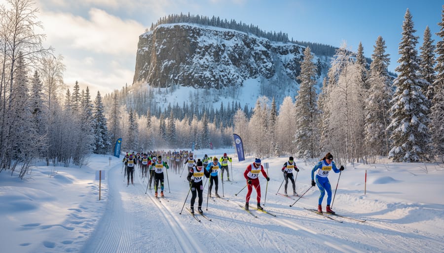 Group of cross-country skiers celebrating together at the finish area of the loppet event