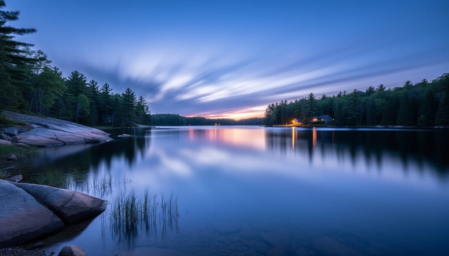 Long exposure of misty lake at dawn with smooth water and wooden dock in Ontario park