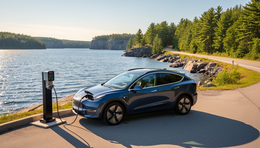 Electric crossover connected to a Level 2 J1772 charger at a lakeside pull-off in Ontario, with pine trees, granite rocks, and a winding rural road at golden hour.