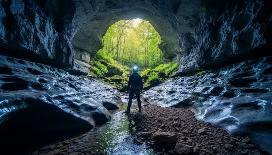 Helmeted hiker with headlamp at the entrance of an Ontario limestone cave, wet rock walls and a small stream flowing into a crevice, with mossy ferns and a sunlit forest beyond.
