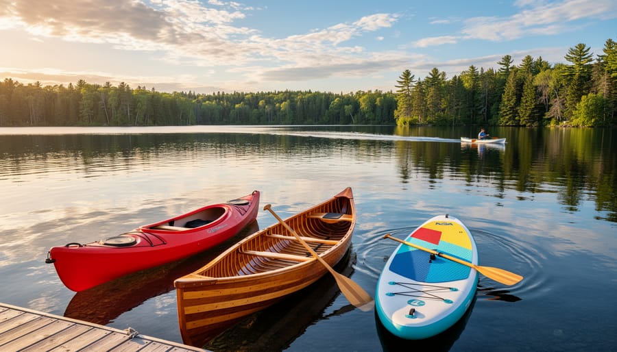 Kayaker paddling on calm Ontario lake surrounded by colorful autumn forest reflections
