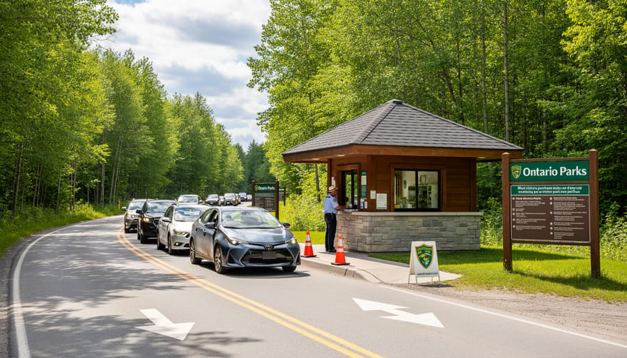 Park entrance gate with payment booth and vehicle approaching