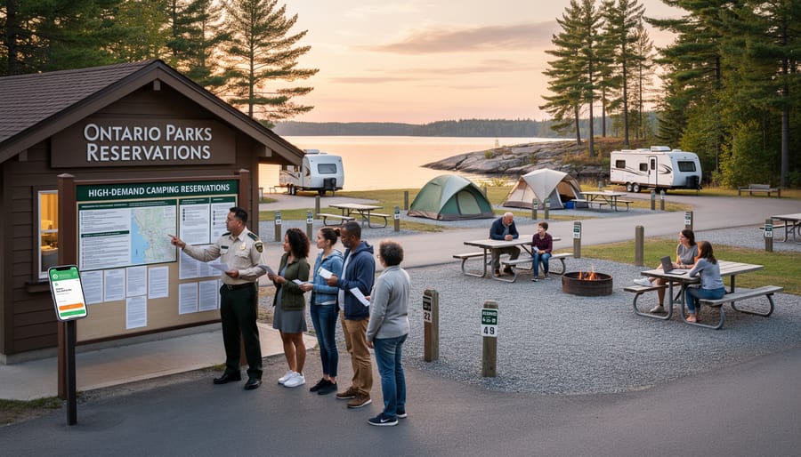 Park entrance sign at Ontario Parks campsite with forest background