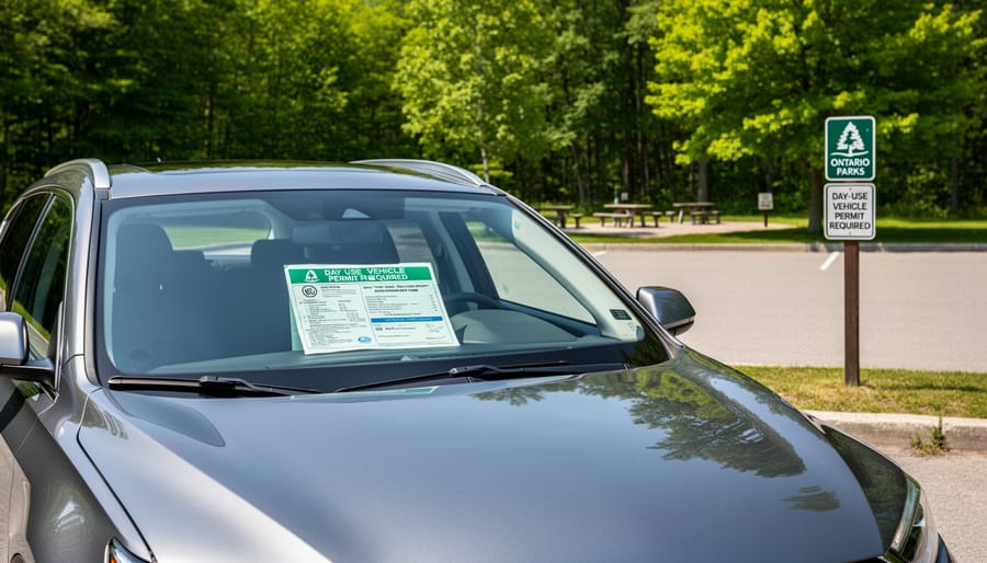 Ontario Parks day-use permit hanging from car rearview mirror with forest visible through windshield