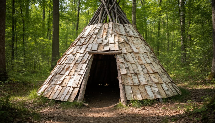 Traditional dome-shaped wigwam covered in birch bark in Ontario forest setting