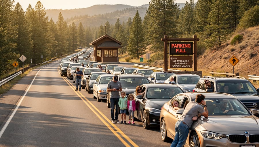 Crowded park entrance with long line of cars and visitors unable to access full parking lot