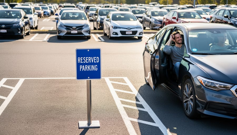Aerial view of organized park parking lot surrounded by forest