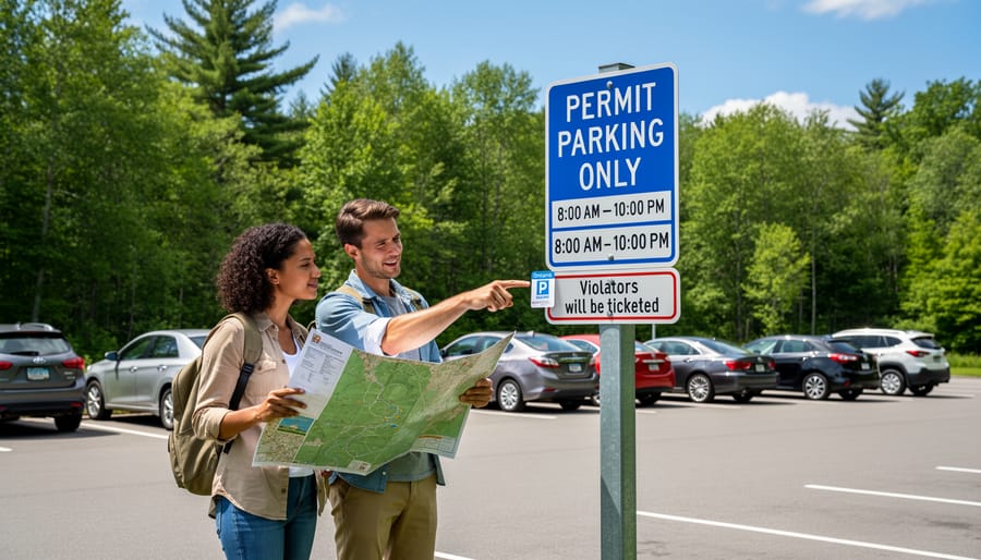 Permit parking sign at Ontario Parks showing 8am to 5pm time restrictions with parking lot and forest in background
