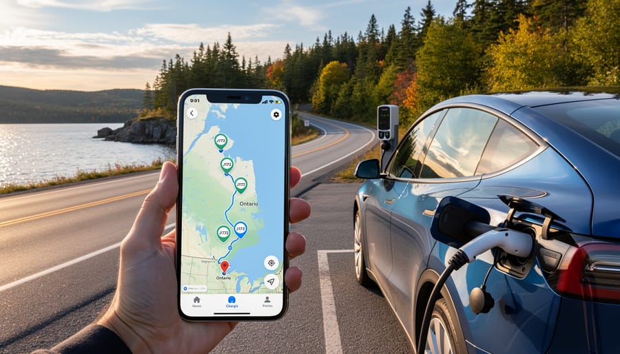 Couple using smartphone app to locate J1772 charging stations while on scenic road trip