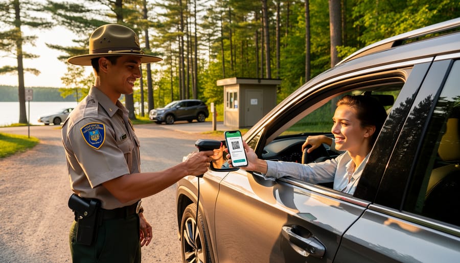 Ranger scans a visitor’s smartphone from a car window at a forested park entrance, with parked cars, pine trees, a lakeshore, and a nearby shower/comfort-station building in soft focus, no visible text.